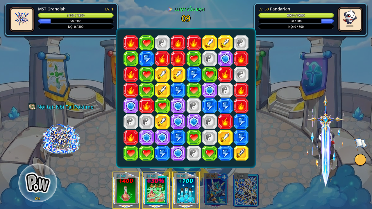 Gameplay Pokiime: xếp ngọc và chiến đấu bằng linh thú